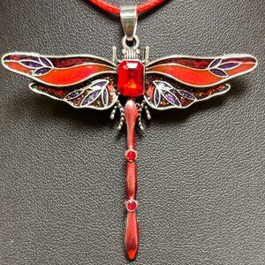 🌈 sale! 🌈 NEW Ruby red enamel dragonfly necklace with red woven neck cord